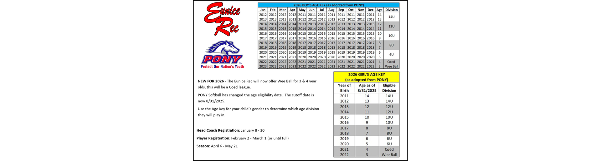 2026 Baseball, Softball & 4U Wee Ball